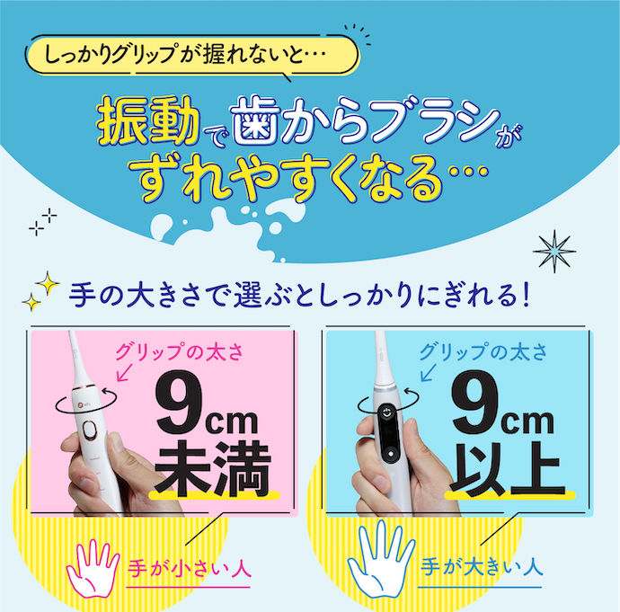 やや太めのグリップが握りやすい。振動音が苦手な人にも好適