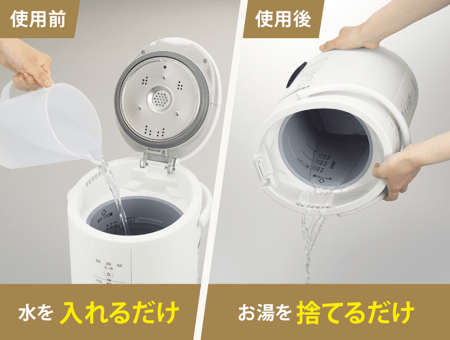 給水は上から注ぎ入れるだけ。排水時は本体ごと持ち上げる必要あり