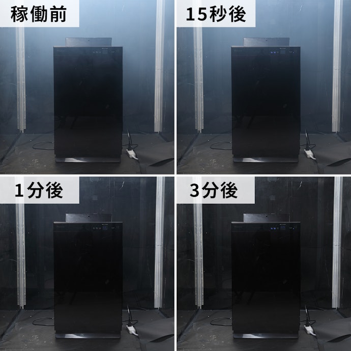 運転後すぐに勢いよく煙を吸引。1分という早さで集じんが完了