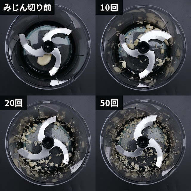 ニンニクは20回で粗みじんに。大容量ながら小さな食材も刻める