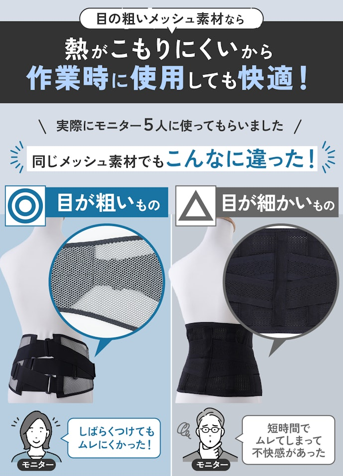 メッシュ素材の目が粗く熱がこもりにくい。ムレを気にせず過ごせた