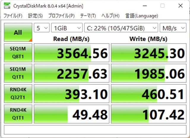 512GBのSSDを搭載。とくに書き込みが速い
