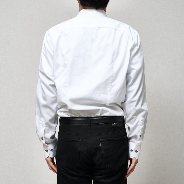 オリヒカ スーパーノンアイロンストレッチシャツ（白ボタンダウン 織柄