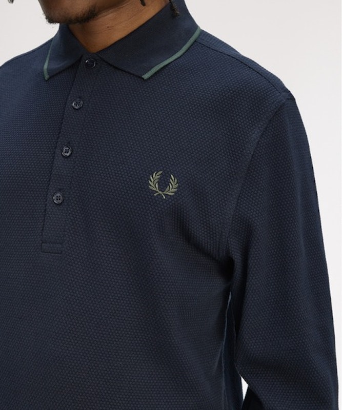 Textured Long Sleeve Polo Shirt/テクスチャー長袖ポロシャツ メンズ レディース ロゴ ワンポイント 長袖 ネイビー 2