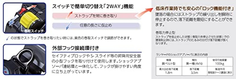 胴ベルト型安全帯 ロック装置付き2WAY巻取器 2