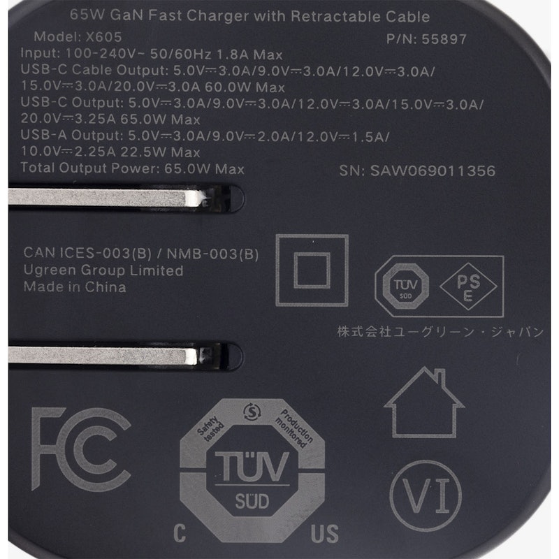 巻き取り式 USB-Cケーブル内蔵 充電器 65W 6