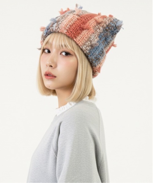 マルチストライプMIX編み猫耳ニットCAP 4