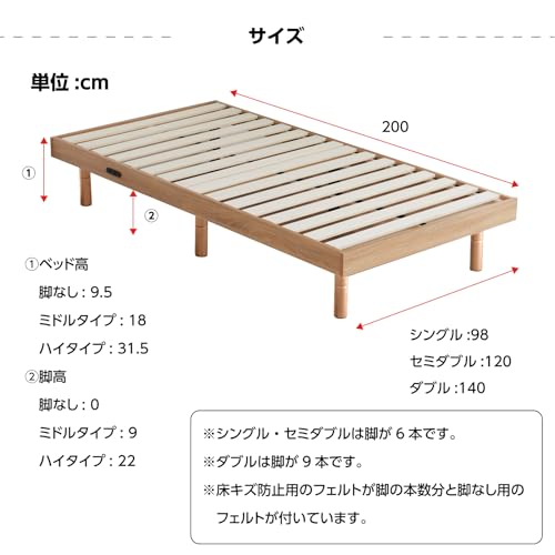 セミダブル】ロール式 スノコベッド 脚付ボトムベッド【新品