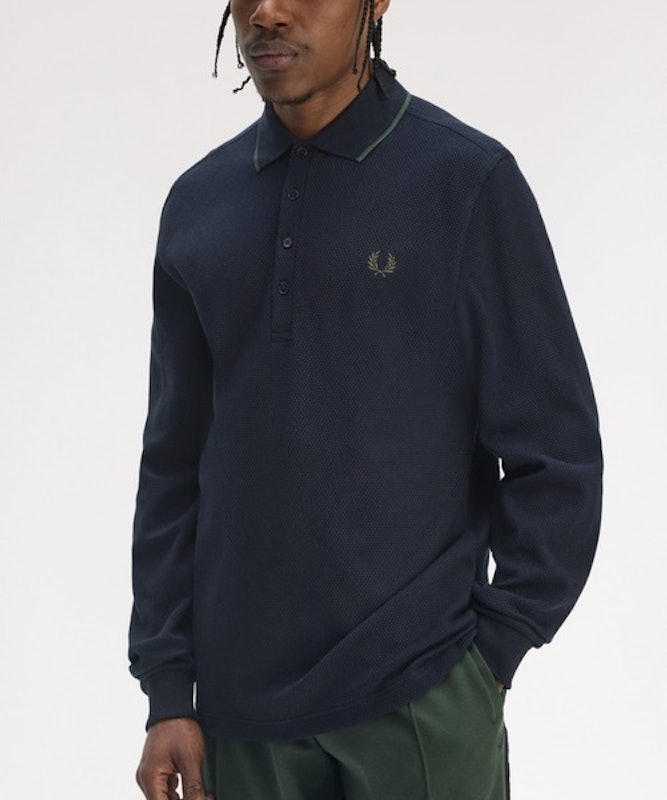 Textured Long Sleeve Polo Shirt/テクスチャー長袖ポロシャツ メンズ レディース ロゴ ワンポイント 長袖 ネイビー 1