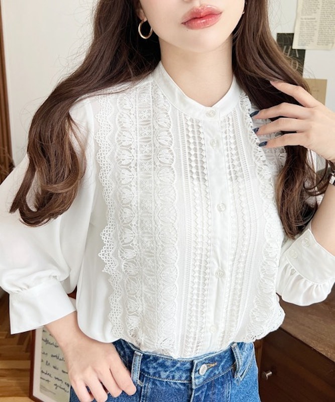 シフォンジョーゼットスタンドカラーフロントレースシャツ 1