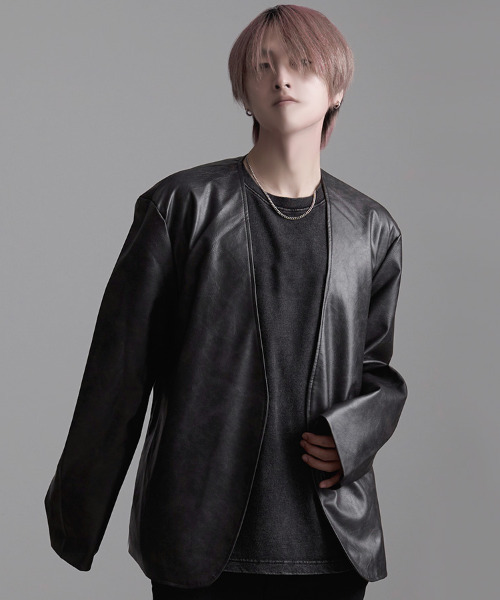 PUレザーノーカラーJKT 1