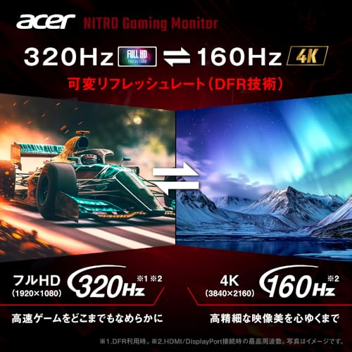 31.5インチ 可変リフレッシュレート 0.5ms 320Hz(FHD) 160Hz(4K) IPS 非光沢 DCI-P3 95% エルゴスタンド AMD FreeSync Premium HDR10 ブルーライト低減 ブラックブースト HDMI 2.1 DisplayPort v1.4 スピーカー・ヘッドホン端子 ゲーミングモニター 3