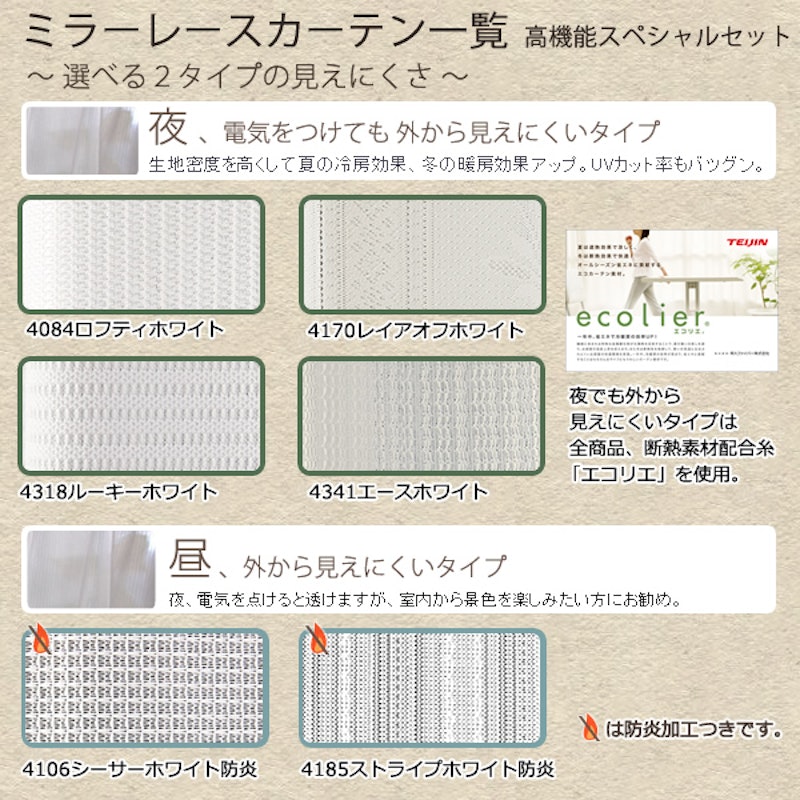 遮光1級 防炎加工 + ミラーレース 4枚セット 6