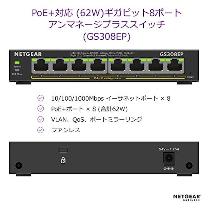ギガビット8ポート PoE+対応 アンマネージエッセンシャスイッチ(62W) 2
