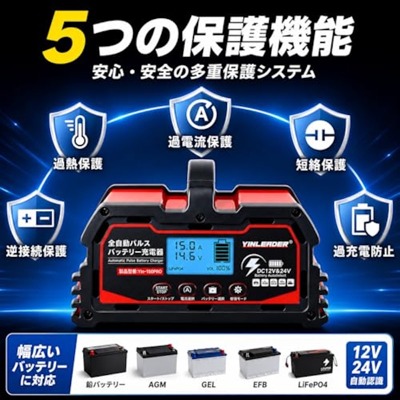 定格15A 自動パルスバッテリー充電器 5