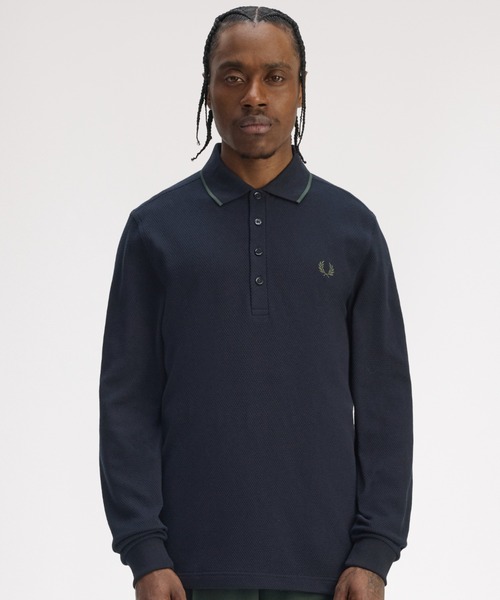  Textured Long Sleeve Polo Shirt／テクスチャー長袖ポロシャツ メンズ レディース ロゴ ワンポイント 長袖 ネイビー 4