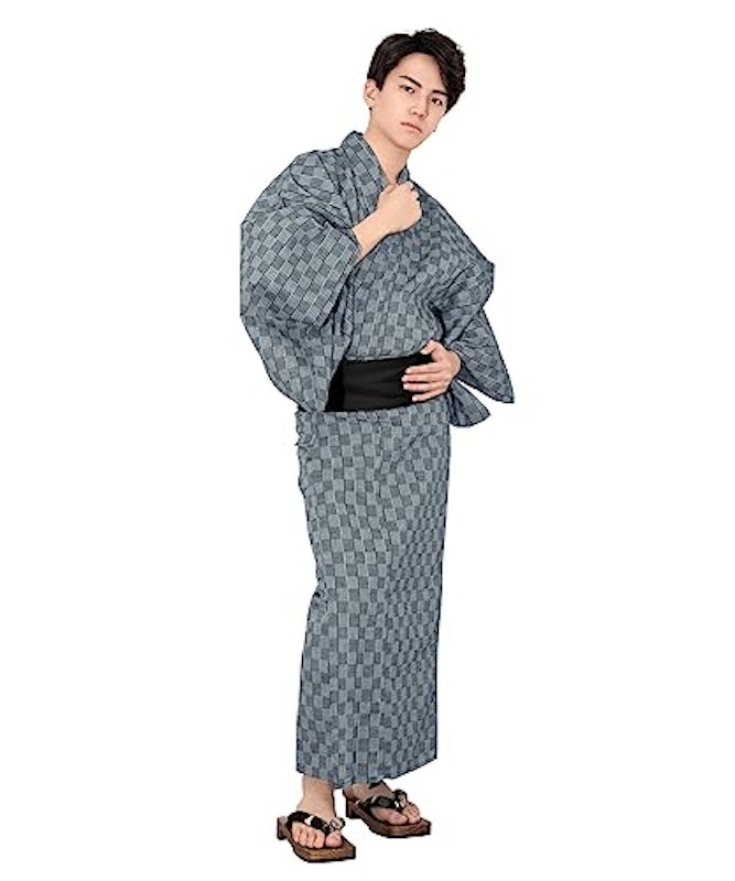 男性浴衣4点セット 市松藍+ドビー帯黒