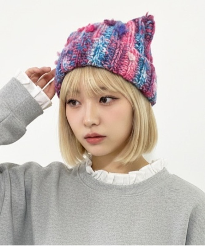 マルチストライプMIX編み猫耳ニットCAP 1