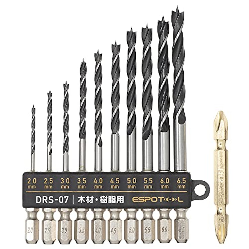 六角軸 木工・樹脂用ドリル 10本組+両頭ビット 2