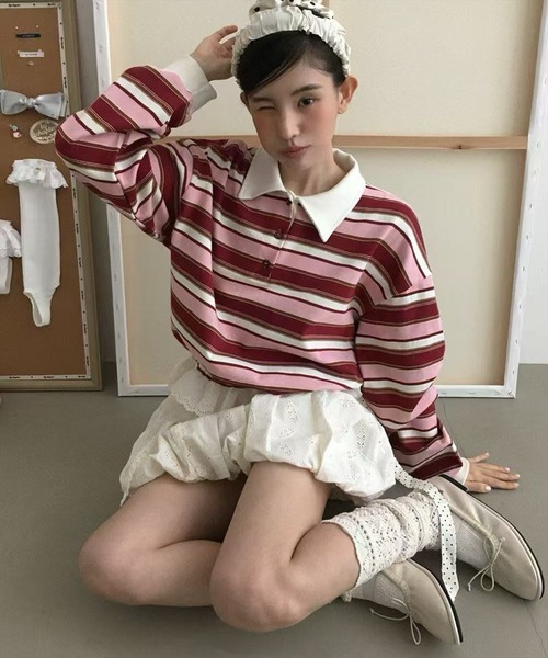 レースボーダー長袖ポロシャツ 1