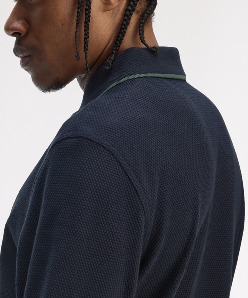  Textured Long Sleeve Polo Shirt／テクスチャー長袖ポロシャツ メンズ レディース ロゴ ワンポイント 長袖 ネイビー 3