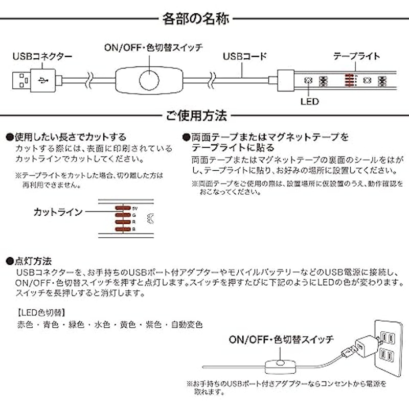 LEDテープライト 色切替 USB式 テープ長さ1.5m 9