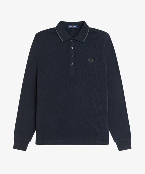  Textured Long Sleeve Polo Shirt／テクスチャー長袖ポロシャツ メンズ レディース ロゴ ワンポイント 長袖 ネイビー 5