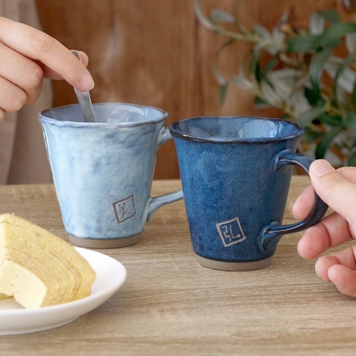 ねこねこさん専用 食器セット 白 黄色 青 二彩ぶどうマグ（青）(カラー