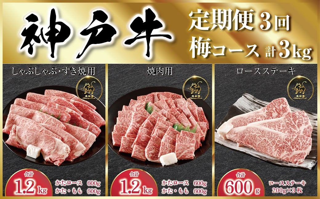 神戸牛 定期便 3回 梅コース 計3kg 1