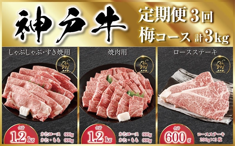 神戸牛 定期便 3回 梅コース 計3kg 1