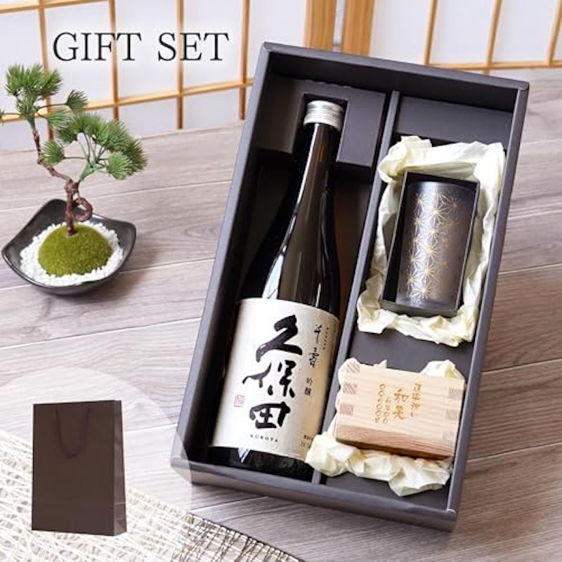 久保田 720ml&和小紋グラスと枡のこぼれ酒セット 4
