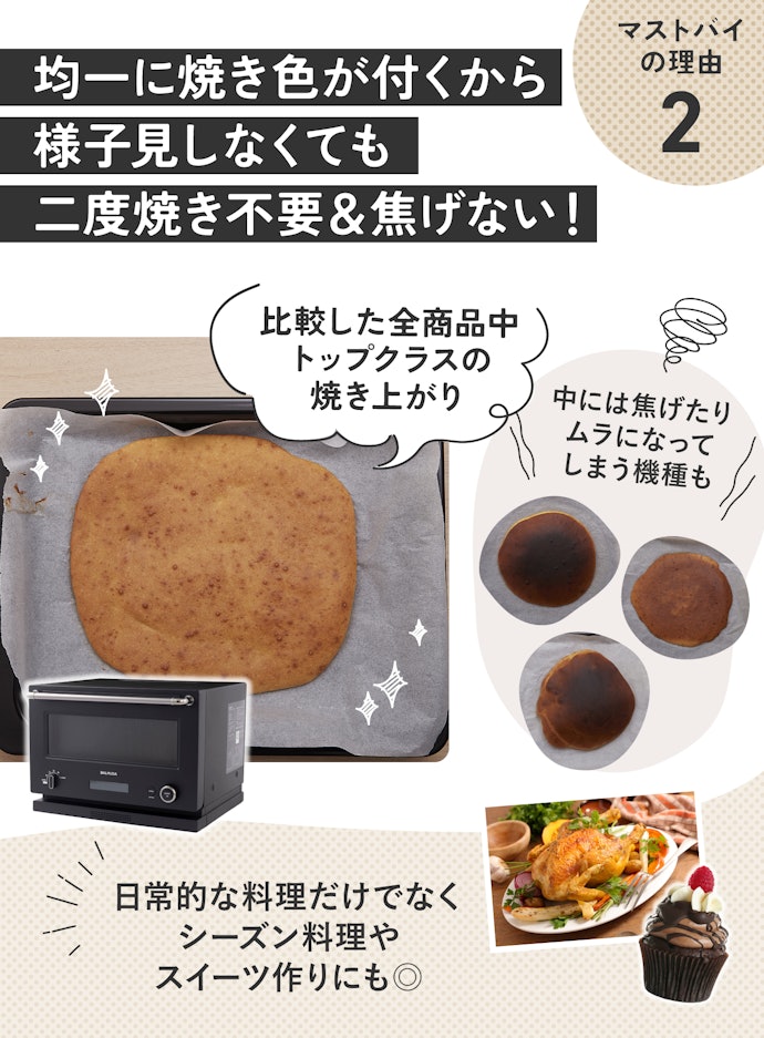 理由②:オーブン機能も優秀だから、ケーキやグラタンがキレイに仕上がります