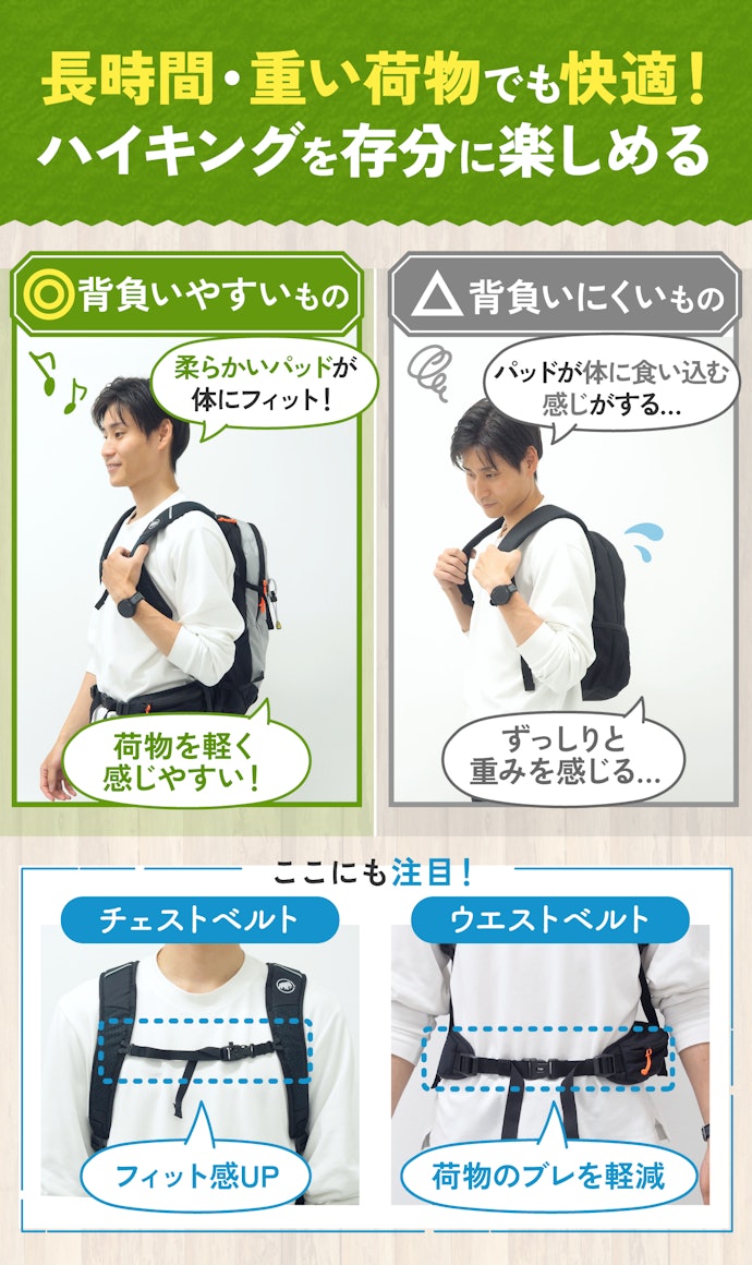 パッドが体にフィットし、背負い心地がよいものを選ぼう