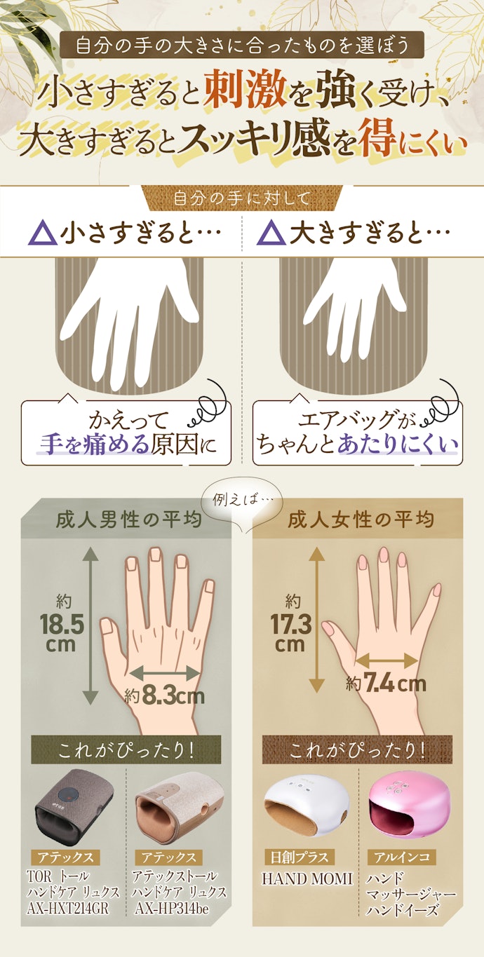 ③ ハンドマッサージャーのサイズも重要。男性は奥行き20cm以上、女性は18.5cm以上がおすすめ
