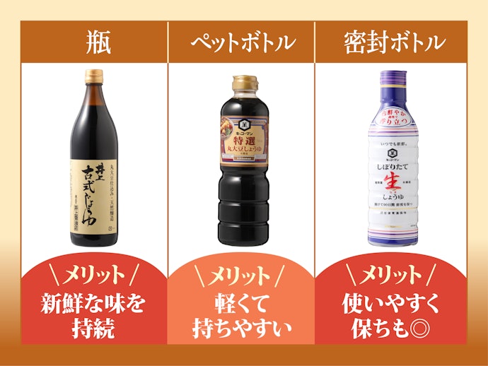 サッと使うなら密封ボトル、煮物で使うならペットボトル型を