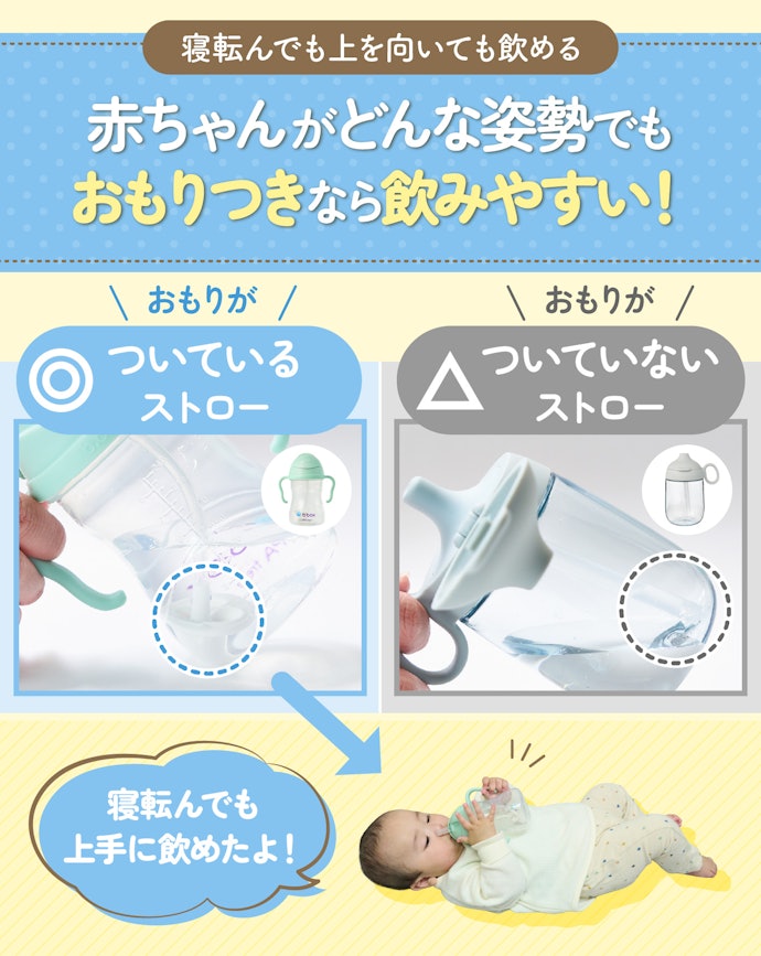 おもりつきのストローなら、どんな姿勢でもゴクゴク飲める