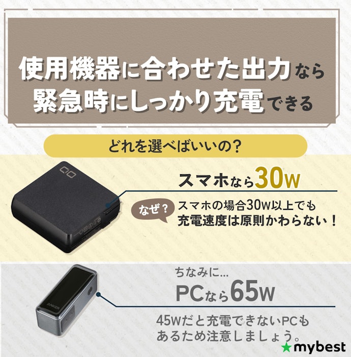 充電する機器によって適正出力は異なる!スマホ充電は30W、PC充電は65Wがおすすめ