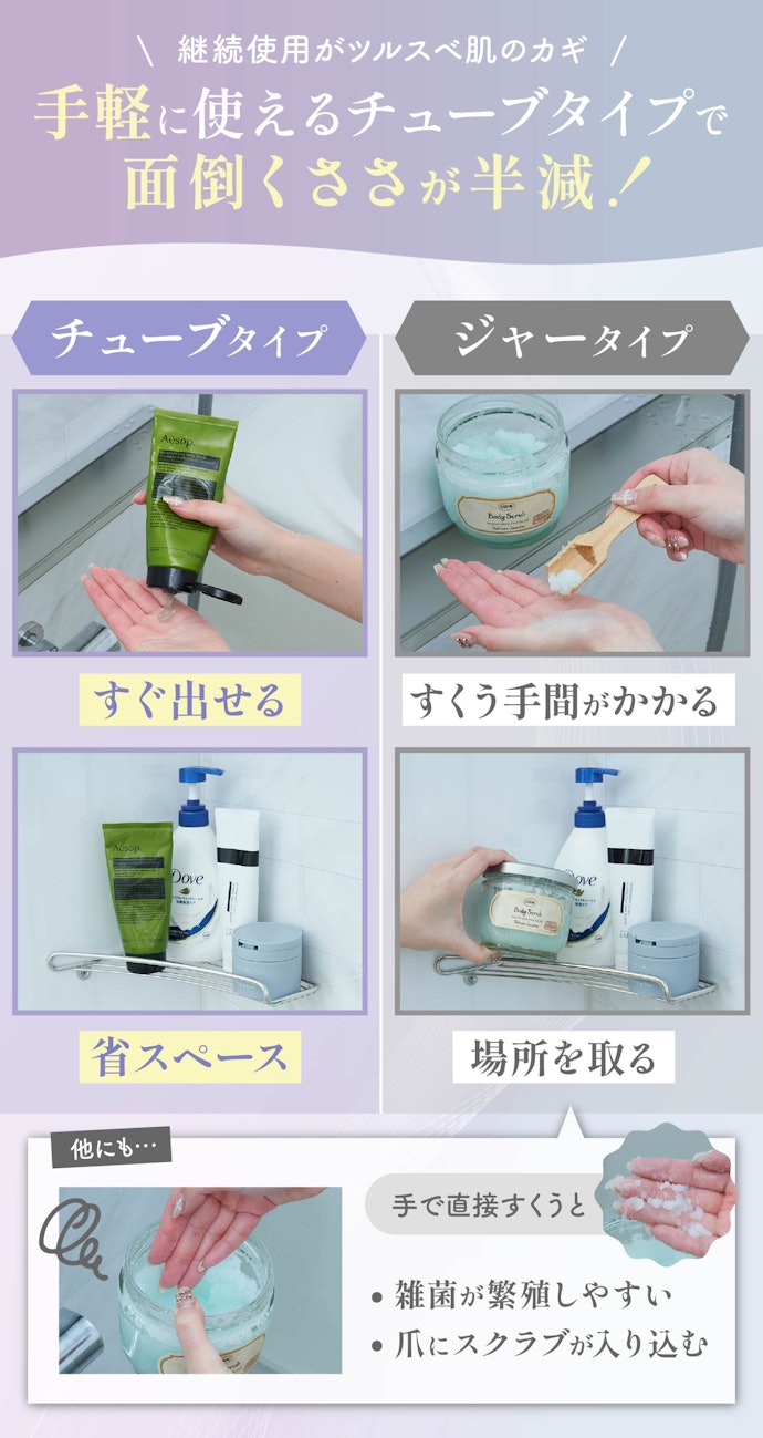 ④ サッと使えてお風呂場で保管しやすいチューブタイプがおすすめ