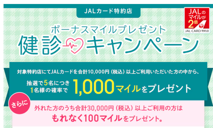 全国の対象健診施設で利用すると抽選で1,000マイル、Wチャンスで100マイルがもらえる!
