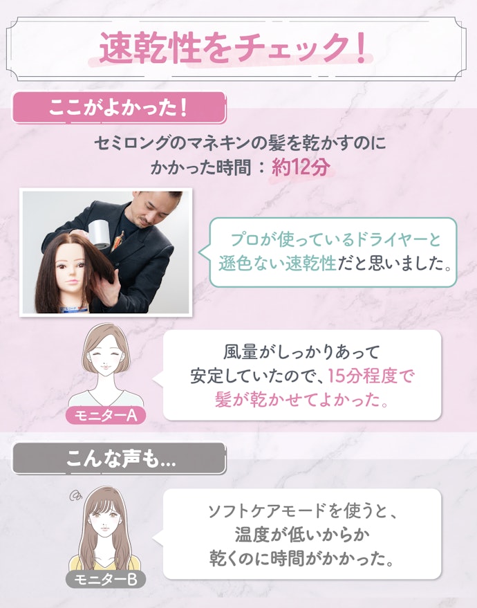 速乾性は十分!セミロングの場合12〜15分程度で乾いた