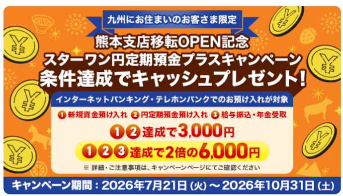 「スターワン円定期預金プラス」を一定額以上取引すると最大6,000円がもらえる