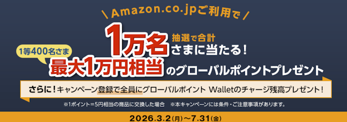 Amazonでのカード利用で最大1万円相当のポイントが当たる