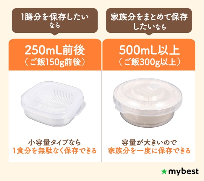 お茶碗1杯は約150g。保存したい量に合わせて容量を選ぼう