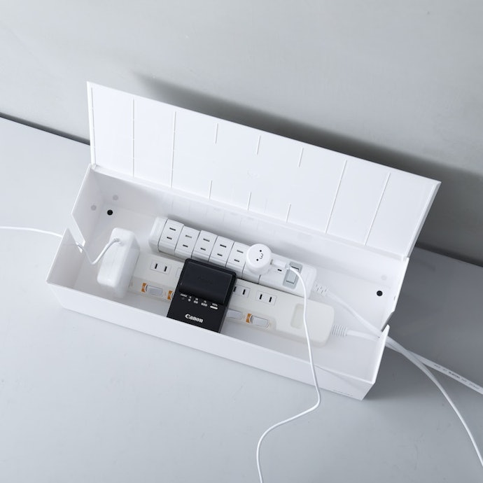 6口の電源タップ2つが楽々入る。収納力に優れ、フタの開閉も簡単