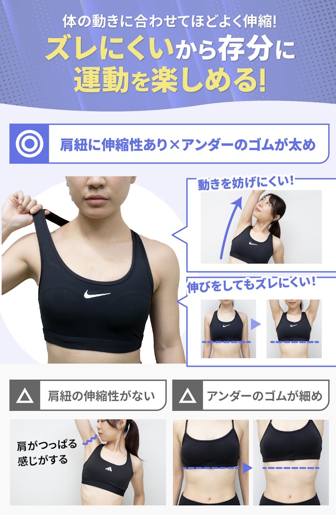 肩紐に伸縮性があってアンダーのゴムが太めなら、腕を大きく動かしやすい