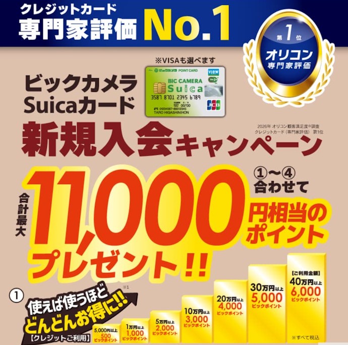 ビックカメラSuicaカードなら新規入会+利用で最大11,000ポイントもらえる