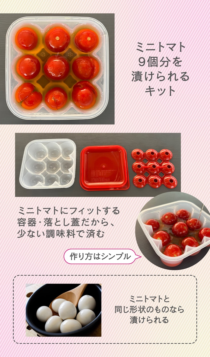 少ない漬けダレで、よく漬かったミニトマトの浅漬けキットが作れるキット