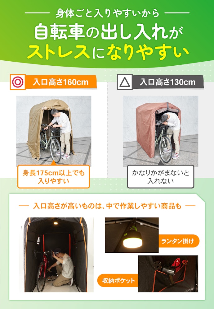 自転車の出し入れがしやすい、入口高さ150cm以上がおすすめ