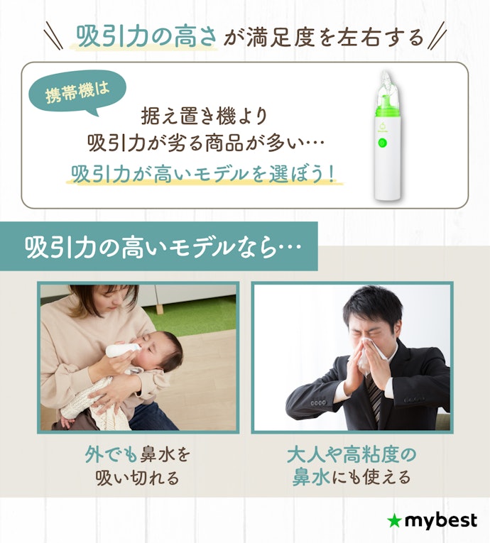 外出先でもしっかり吸うために、吸引力を要確認