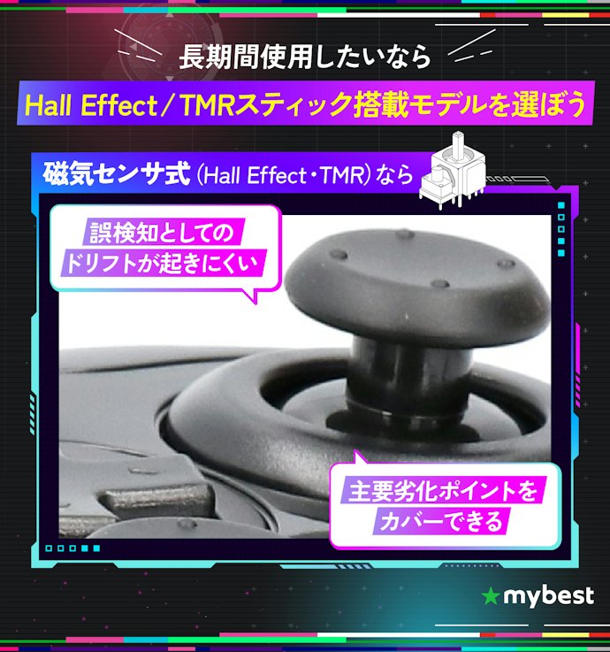 長く使ってもドリフトしにくいTMR方式やHall Effect方式搭載スティックがおすすめ